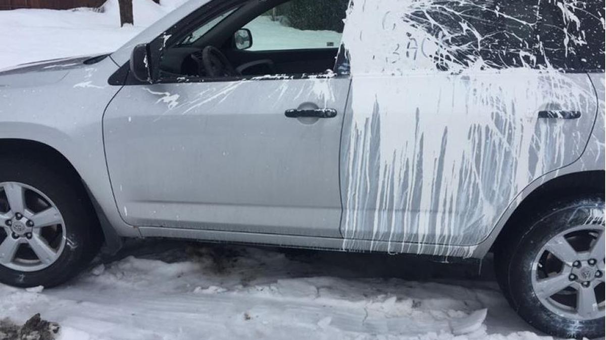 This Toyota RAV-4 was vandalized in a Nampa subdivision overnight Sunday, and police are investigating it as a possible hate crime.