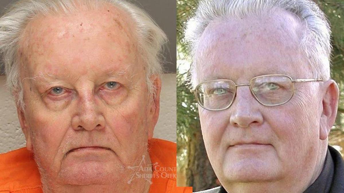 W. Thomas Faucher’s Ada County arrest photo, left, and official church photo.