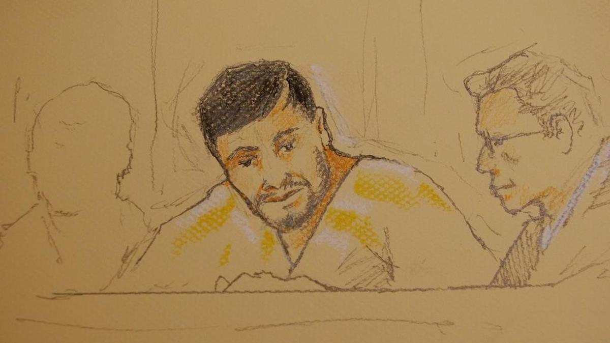 Fazliddin Kurbanov, shown during a 2013 court appearance, maintained his innocence after being accused and later convicted of terrorism-related charges. (Drawing by Ward Hooper)