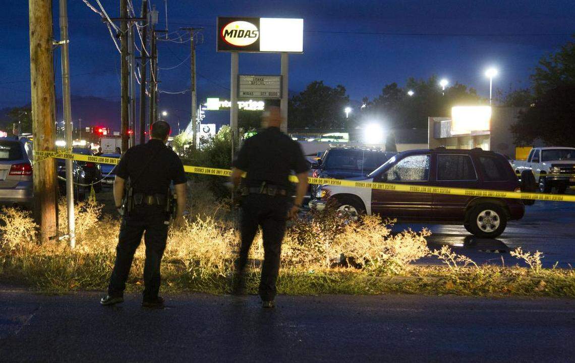 Police have cordoned off a number of businesses west of Peterson Toyota on the south side of Fairview Avenue following an office-involved shooting late Monday night.