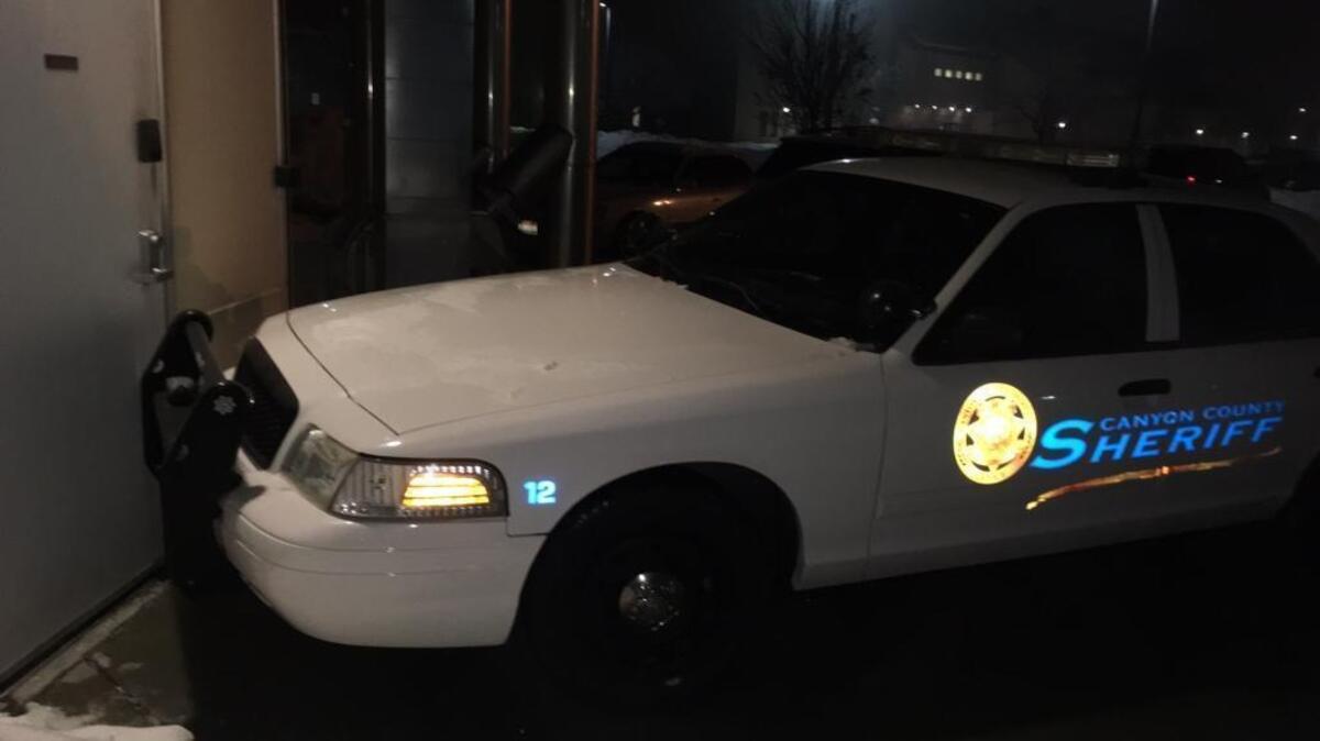 Canyon County Sheriff Kieran Donahue ordered a patrol car to be parked against an emergency door at the inmate tent facility at the jail. It’s meant as a temporary measure until the door, which was damaged during an earlier prisoner escape in October, can be replaced. Photo provided by the Canyon County Sheriff’s Office.