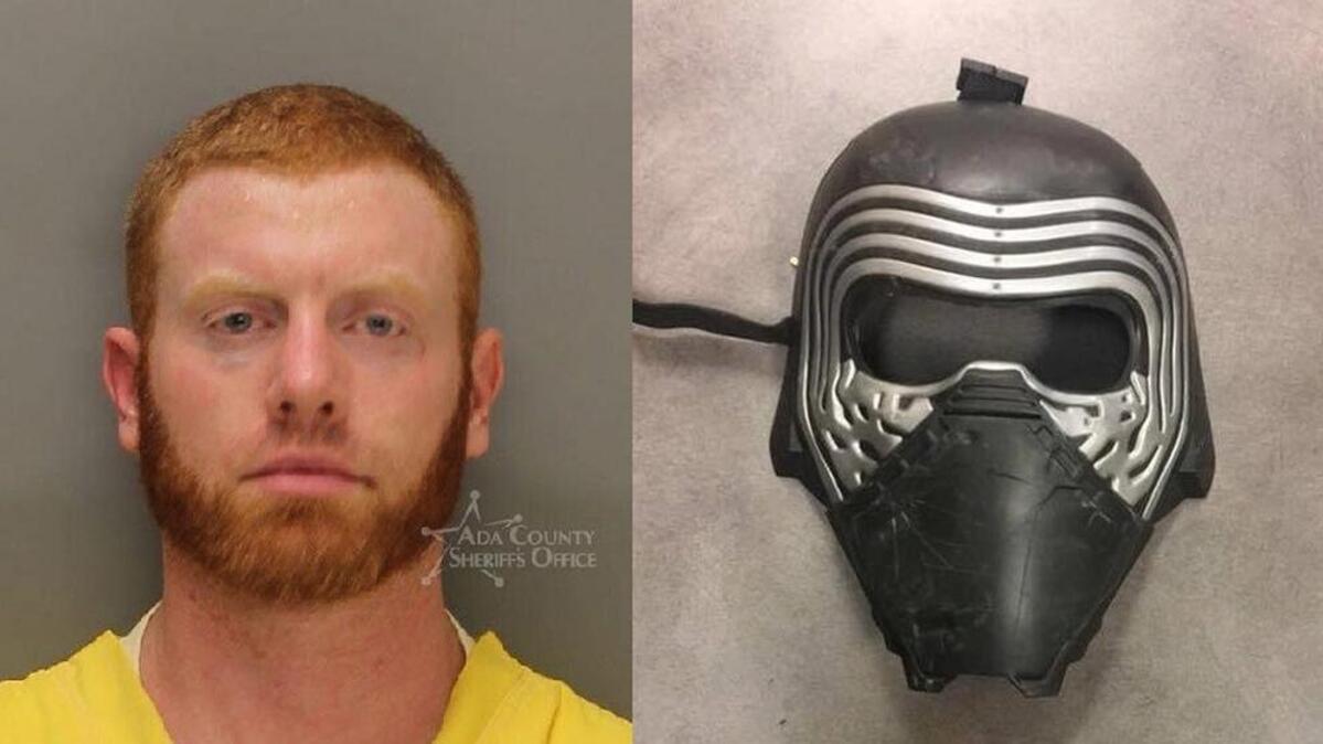 At left: Lance D. Warr’s Ada County Jail booking photo. At right: The mask he allegedly stole from a Fred Meyer, in a photo provided by Fred Hogan.