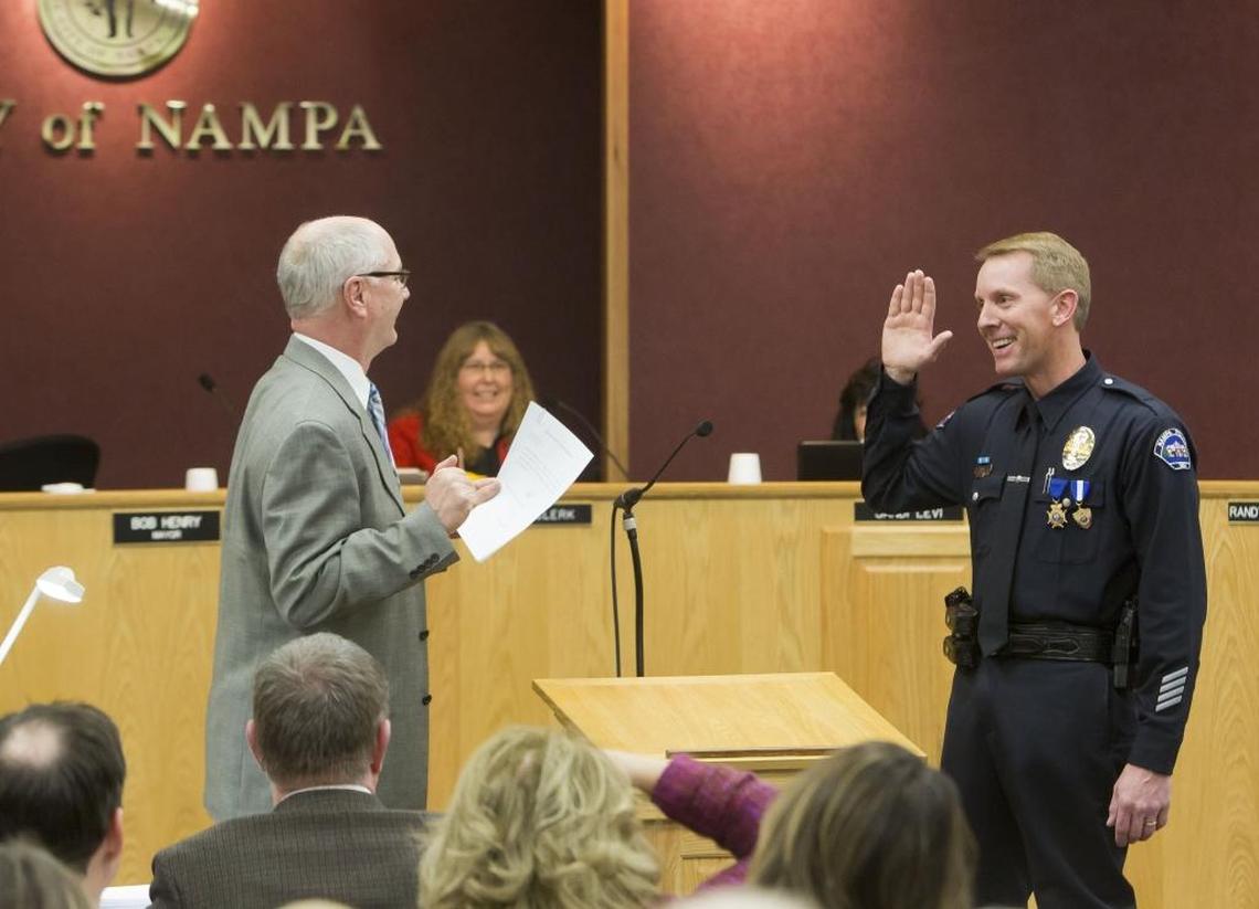Nampa Police Chief Joe Huff was sworn into office by former Mayor Bob Henry in 2016. As of December 2024, Huff is the city’s highest-paid employee.
