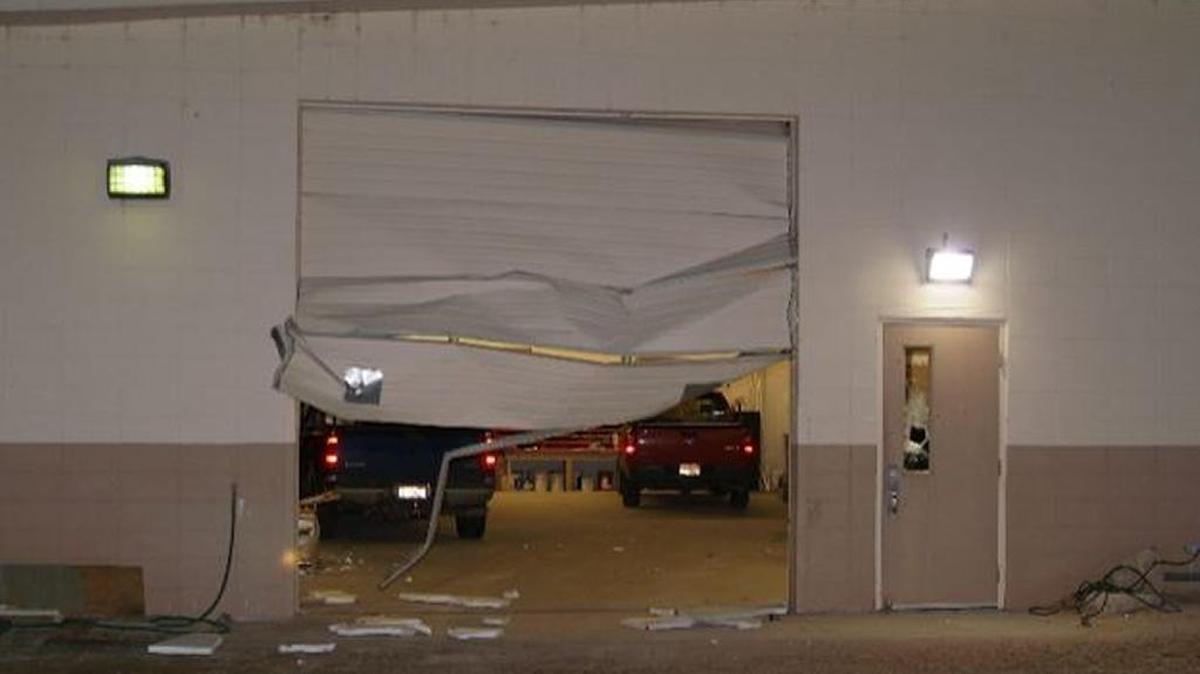 This shop door at Vallivue Middle School was severely damaged in an early morning burglary Monday.