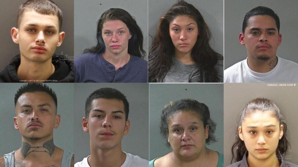 Clockwise from top left: Christian Barker, Dezirae Hicks, Maria Garcia, Moises Joel Ortiz, Jailene Gonzalez, Amanda Paine, Joeseph Hovater, Javier Juan Garcia. Not all photos for those indicted in the gang sweep were immediately available Thursday.