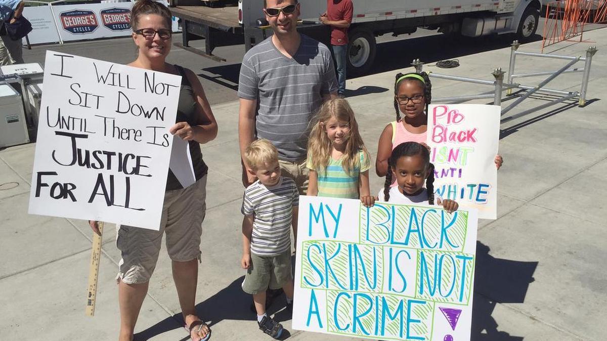 From left: Zia Seide, along with Lawson Miller, 4; Ben Miller; Gretchen Miller, 7; Zara Seide, 7; and Zelly Seide, 9, attend Boise’s Black Lives Matter rally on Saturday.