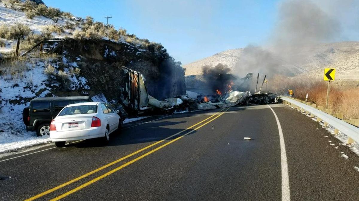 The truck collision Saturday morning closed U.S. 20 for the rest of the day. At left are the Jeep that was following the westbound truck and the Kia that followed the Jeep.