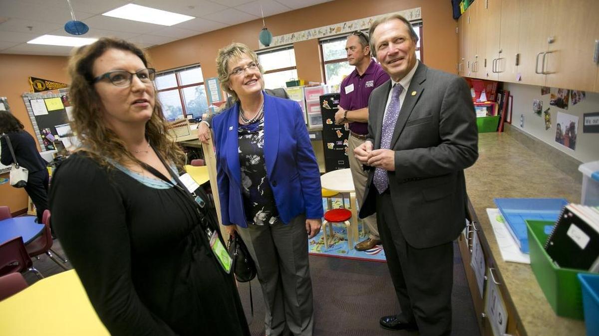 Teacher Sheila Dengler-Shaw, left, United Way CEO Nora Carpenter and Boise Superintendent Don Coberly visit a preschool classroom at Whitney Elementary School Friday. The city of Boise partnered with the Boise School District, United Way and Micron, among others, to create the Pre-K program.
