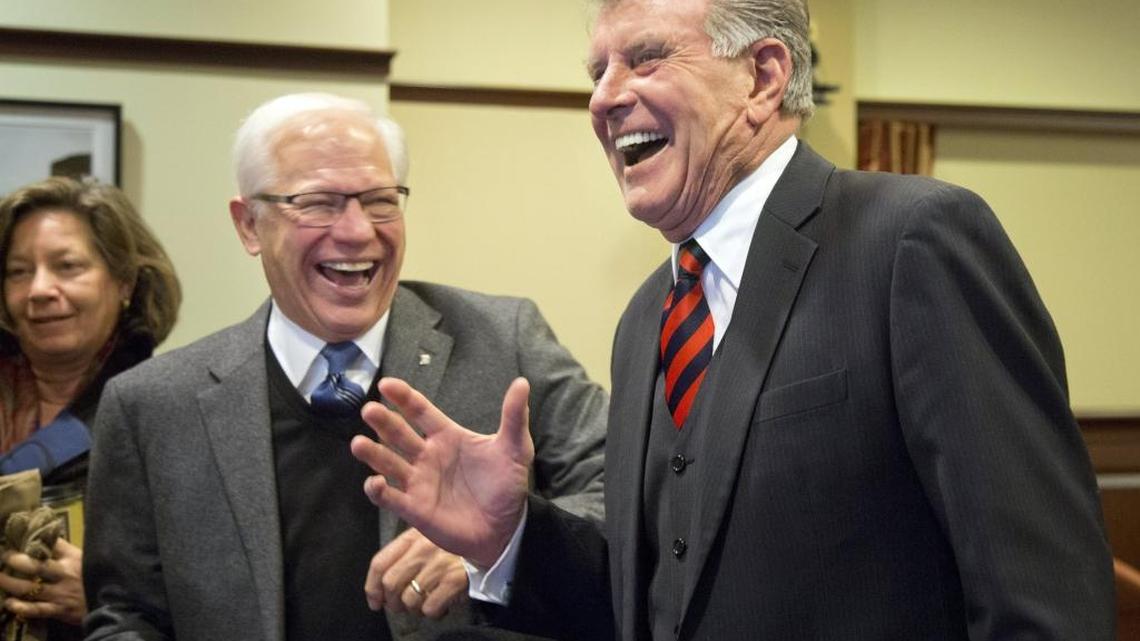 Boise State University President Bob Kustra, left, said he was encouraged by Gov. Butch Otter’s announcement that he was convening a task force to examine higher education. Otter made the announcement at a briefing with reporters at the Capitol on Friday.