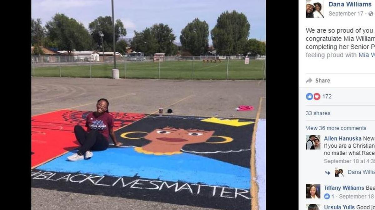 The parking space painting designed by Tamia Williams, as seen in this screenshot from Facebook.