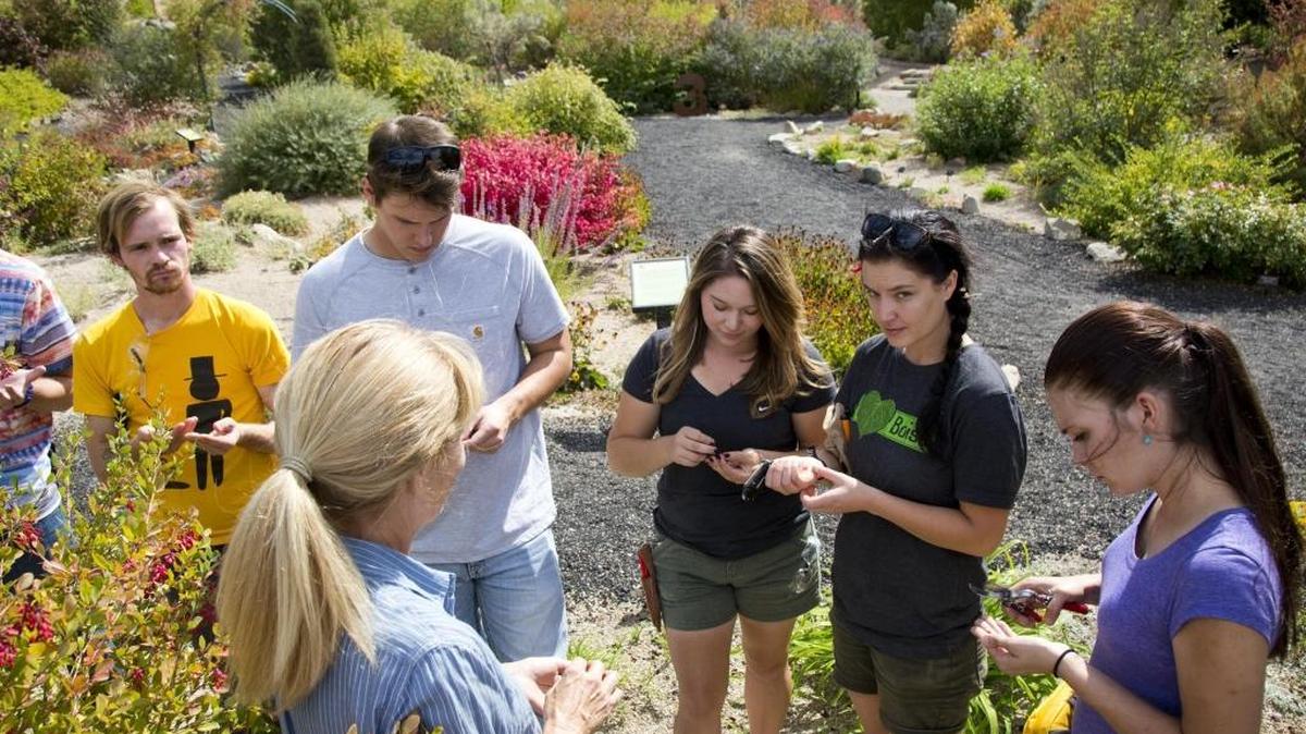 College of Western Idaho horticulture instructor Leslie Blackburn, back to camera, teaches students Levi McBride, left, Luke Flaming, Lily Gutierrez, Amy Gunderson and Mel Martin by a Fendler’s Barberry bush at the Horticulture Center near the Idaho Botanical Garden in Boise. The center needs more room.
