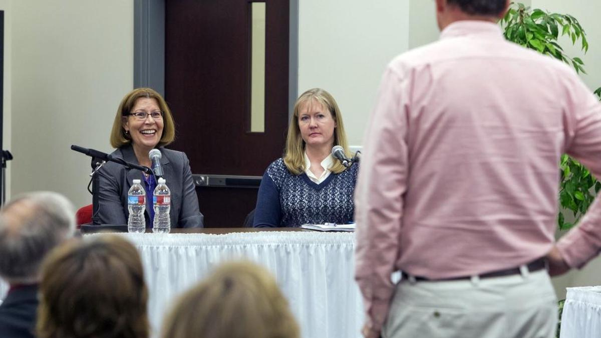 Mary Ann Ranells answers questions regarding her candidacy for the West Ada superintendent's job Tuesday during a special public meeting of the board of trustees in Meridian.