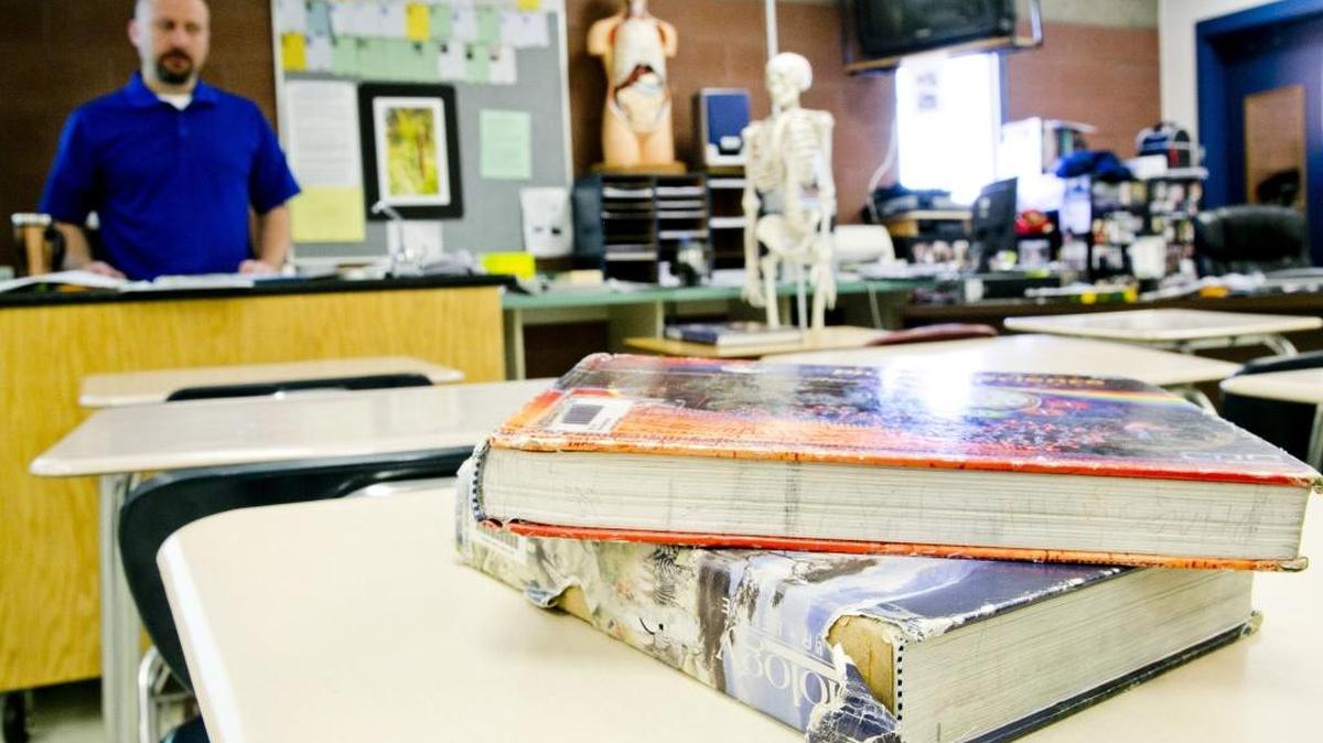 As Nampa searches for its next superintendent, one of the issues the district faces is aging textbooks, such as these Skyview High School AP Biology texts pictured last year. Candidates are being interviewed this week, and the public can meet the finalists Monday.