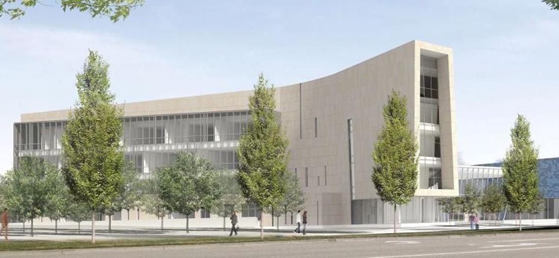 This the view of the Center for Fine Arts from the north. The building will sit on the campus’s western edge between the Micron Business and Economics Building and the Morrison Center along Capitol Boulevard.