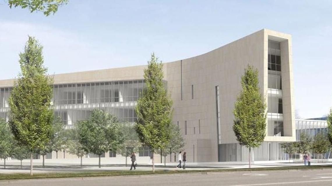 This the view of the Center for Fine Arts from the north. The building will sit on the campus’s western edge between the Micron Business and Economics Building and the Morrison Center along Capitol Boulevard.