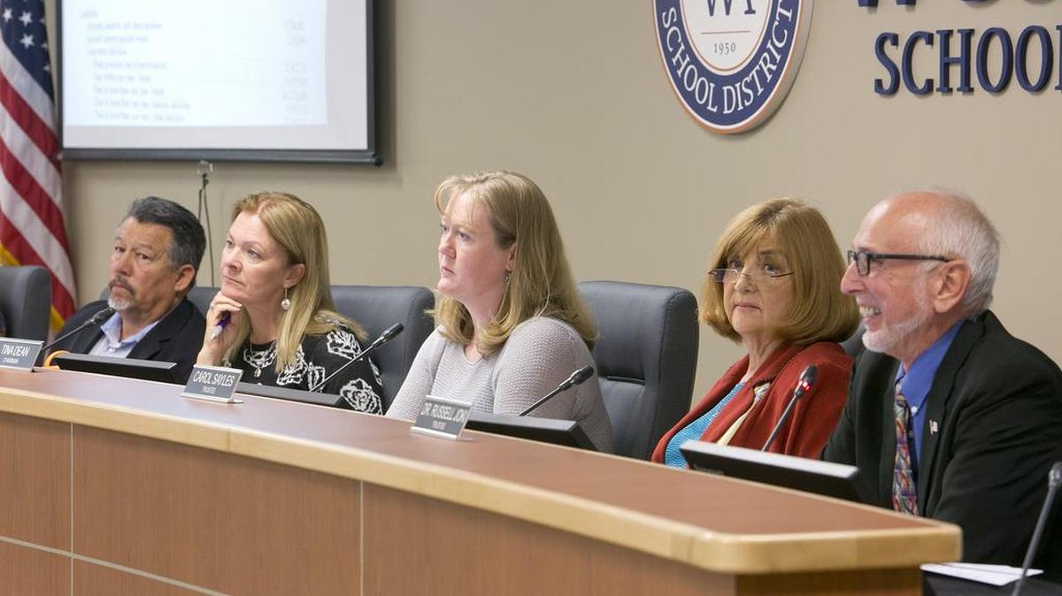 From right, West Ada trustees Russell Joki, Carol Sayles and Tina Dean may face a recall vote in May. Julie Madsen, fourth from right, has resigned. Mike Vuittonet, far left, was the focus of a separate, failed recall attempt.