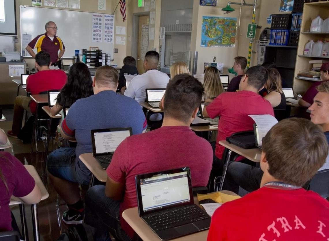 Columbia High School students in Tim Whitaker’s Chemistry in the Community class work on their laptops in 2016.