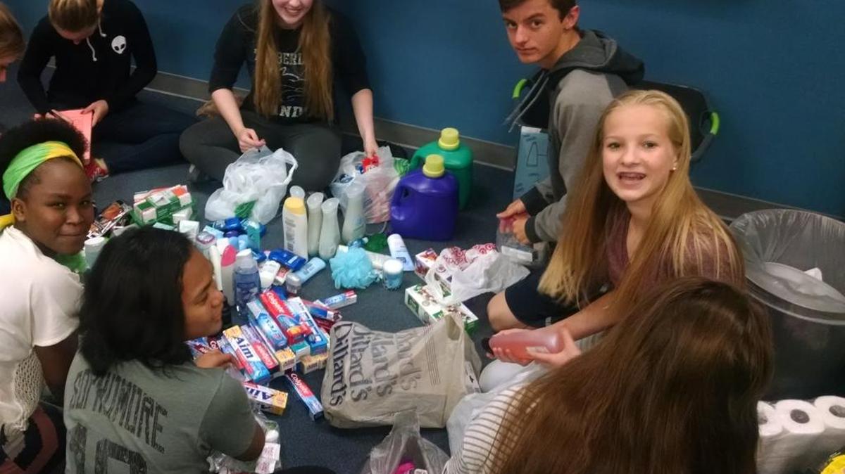 Students in the Timberline High School Key Club collected and packed hygiene products for area homeless students as part of a project with a Boise State University student. The Timberline students are: front from left, Justine Niyogushimwa and Jessica Lambert; back, from left: Megan Byres, Jordan Brinkman and Jordan Lee.