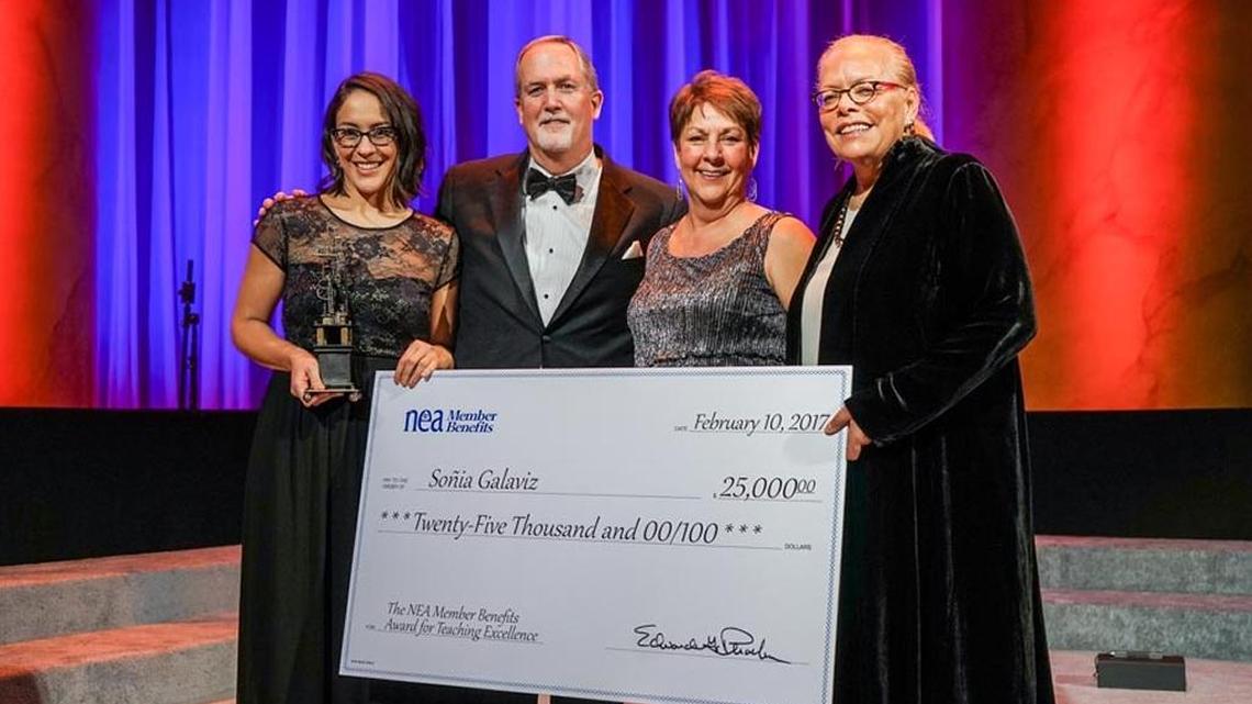Sonia Galaviz, left, receives an award for excellence in teaching from the NEA Foundation. From left: Sonia Galaviz; Gary Phoebus, president and CEO of NEA Member Benefits; Penni Cyr, president of the Idaho Education Association; Harriet Sanford, president and CEO of the NEA Foundation.