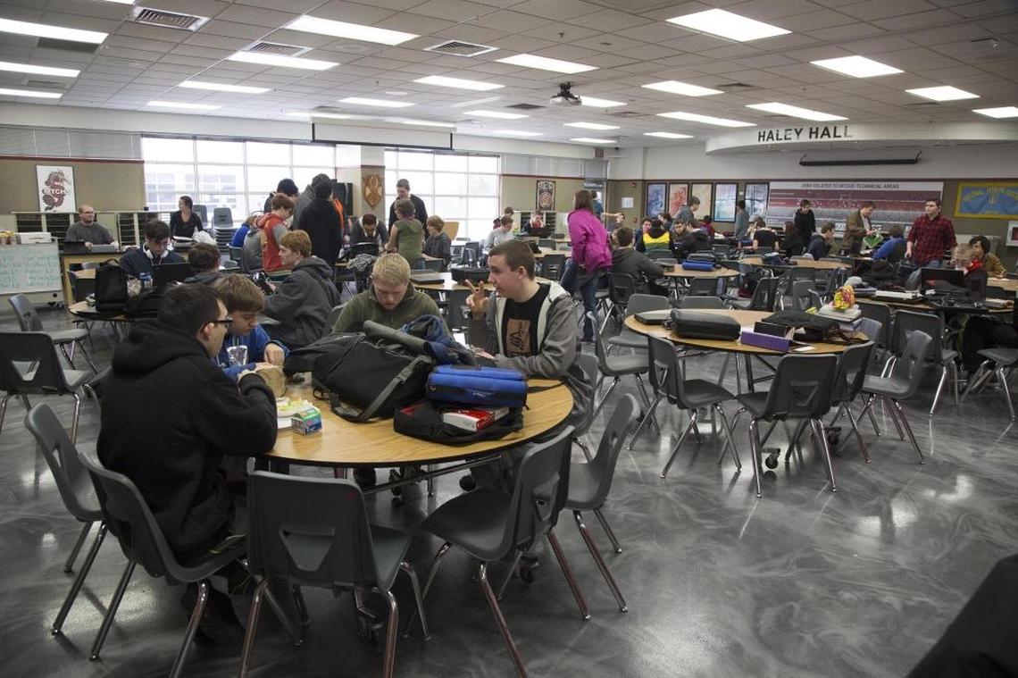 Meridian Technical Charter School students take a break for lunch. By their junior year, students are studying specialized technology careers in one of four tracks.