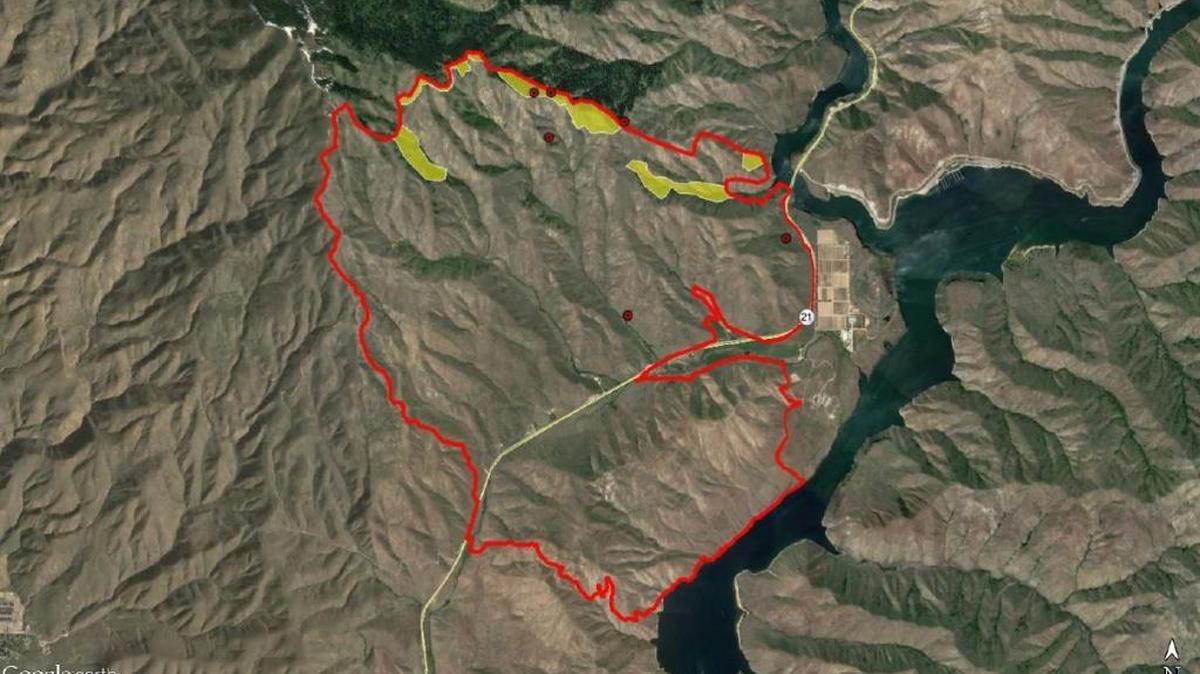 This map by Owyhee Air Research shows the fire’s boundaries as of Wednesday over a satellite map. The yellow are areas of “scattered heat.”