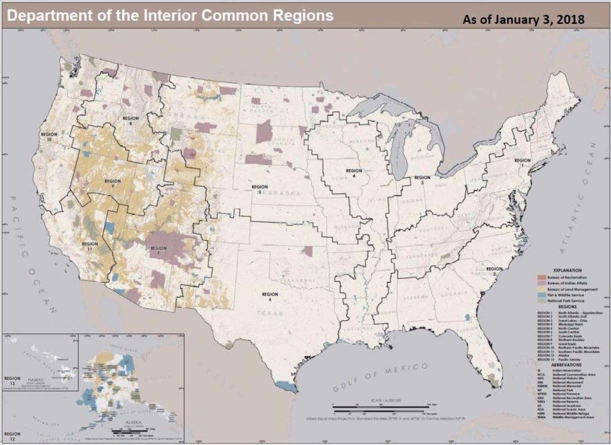 A tentative map, developed by the Interior Department, of the new regions its agencies might be organized into.