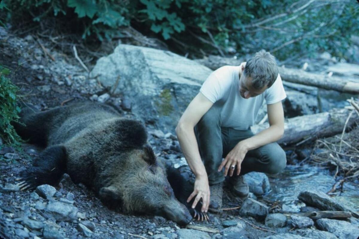 Gildart’s colleague, Leonard Landa, with the carcass of the bear that killed Michele Koons.