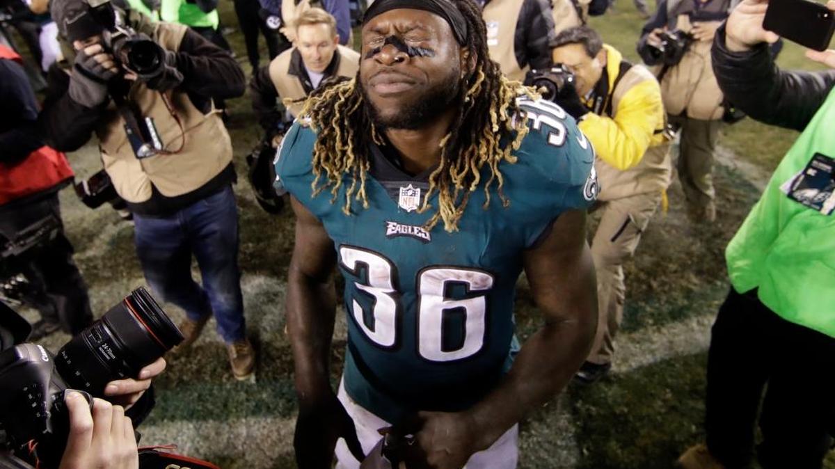 Former Boise State star and current Philadelphia Eagles' running back Jay Ajayi reacts after the NFL football NFC championship game against the Minnesota Vikings Sunday, Jan. 21, 2018, in Philadelphia. The Eagles won 38-7 to advance to Super Bowl LII. (AP Photo/Matt Rourke)