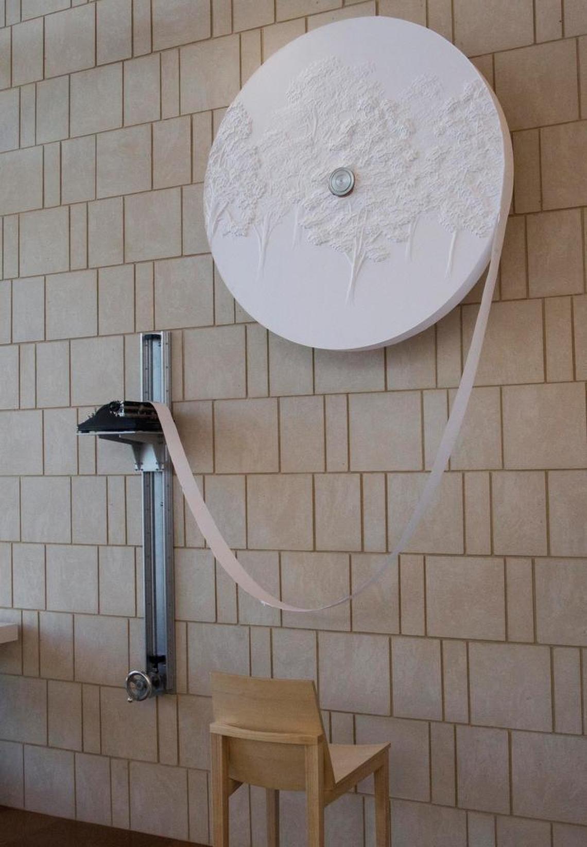 “Vox Poplar” is an interactive art piece, a massive roll of paper feeding a working manual typewriter, by Brooklyn artist Janet Zweig.