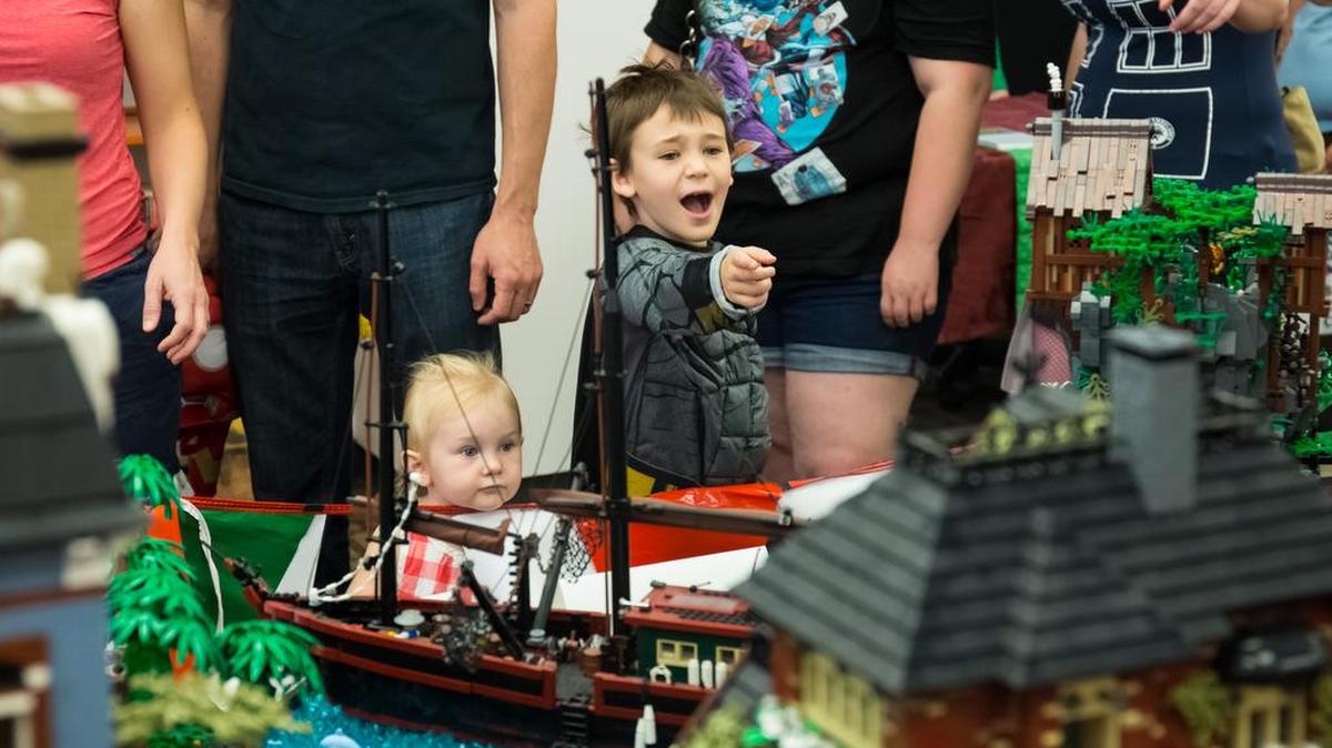 An exclamation at the Lego Extravaganza display as over 8,500 people attended more than two dozen programs, creator panels, board and role playing events, Artist's Alley with more than three dozen comic creators, making stations, special events, and a costume contest at the Boise Library Comic Con on August 27, 2016. (Otto Kitsinger for Boise Public Library)
