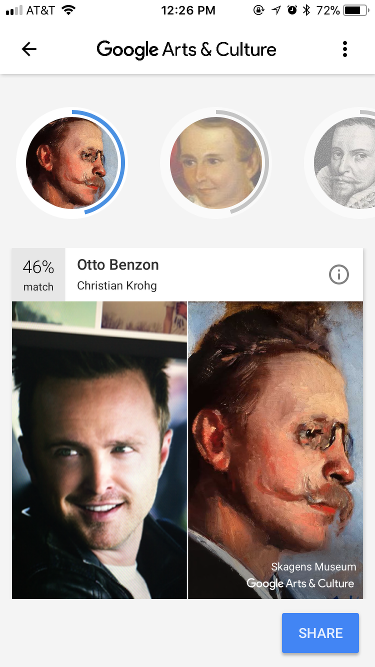 Actor Aaron Paul is compared to Christian Krohg’s “Otto Benzon” on the painting doppelganger app.