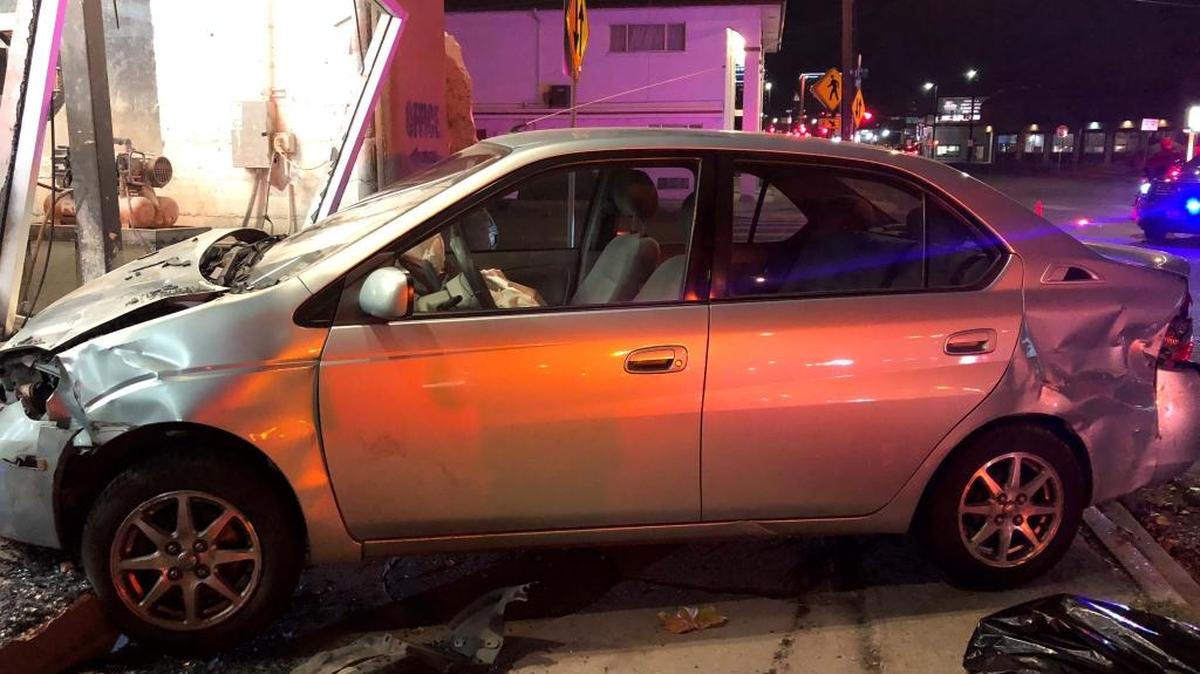 A Toyota Prius crashed into the storefront of Rock Hard Granite, 1718 W. Main St., Boise, on Monday evening after a collision with another car.