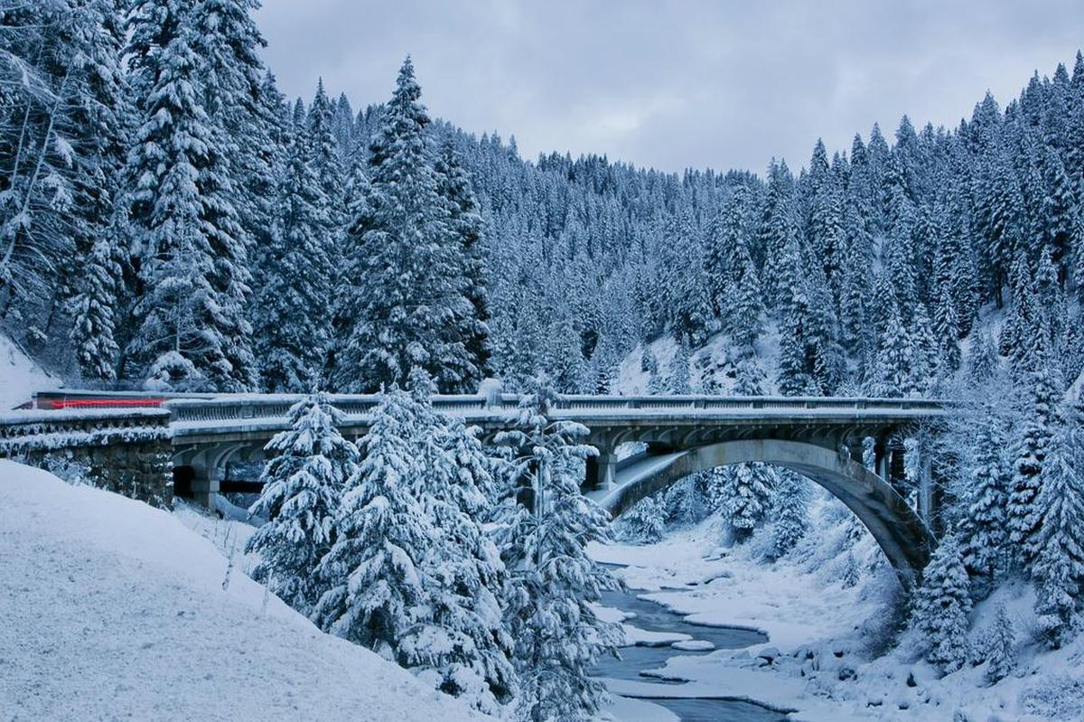 A fresh coating of snow covers the Rainbow Bridge and surrounding trees on Idaho State Highway 55 near Cascade, Idaho. According to the Idaho Transportation Department the Rainbow Bridge, which spans the Payette River between Smiths Ferry and Cascade was built in 1933 is the largest single-span concrete arch structure in Idaho. Thursday January 9, 2014