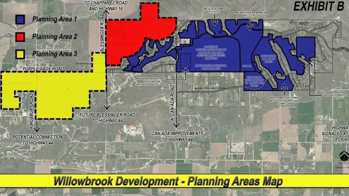 Willowbrook Development’s rough plan is to develop the eastern phase (shown in blue here) of its 1,550-acre project project north of Star first, and then move west. A decision on whether to annex the property has been delayed until May.