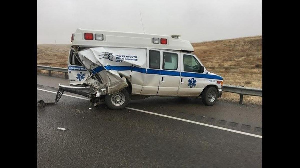 This ambulance was involved in a collision while responding to a crash on Interstate 84 Friday.