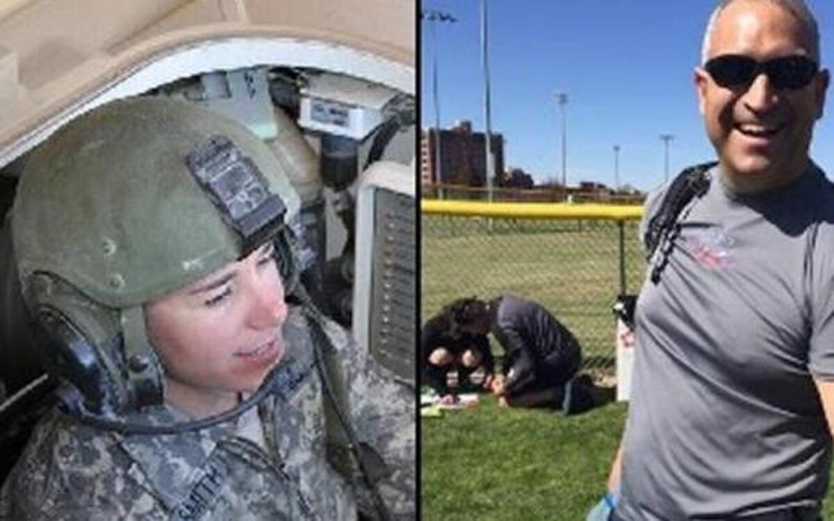 Left: Erin Smith maneuvers an Abrams M1A2 tank at the Orchard Combat Training Center south of Boise during a live fire exercise in 2016. Right: Jim Harper shared a post-race photo on Facebook in 2016.