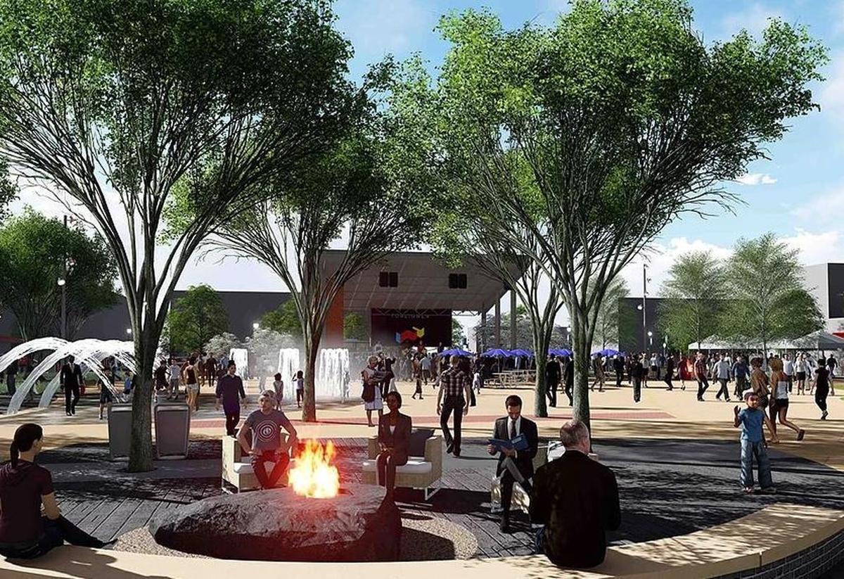 An artist’s rendering of the Indian Creek Plaza, which is scheduled to open in April at Kimball and Arthur streets in downtown Caldwell. The plaza will feature an ice-skating rink in the winter and a splash pond in the summer. The city hopes it will host 200 events a year.