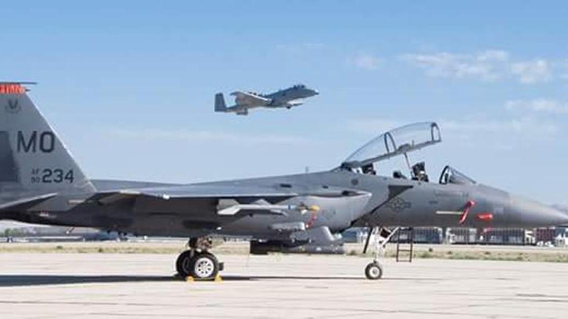 An F-15E, normally based in Boise, at Gowen Field in August.