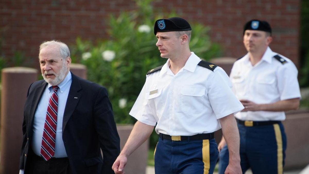 Sgt. Bowe Bergdahl, center, arrives with his civilian attorney, Eugene Fidell, and military attorney, Lt. Col. Franklin Rosenblatt, for a court Aug. 24, 2016, at Fort Bragg, N.C.