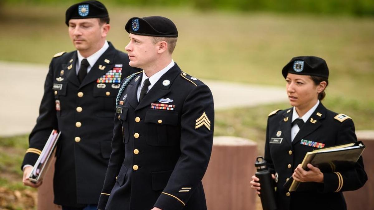 Army Sgt. Bowe Bergdahl, center, arrives for an arraignment hearing on May 17, 2016, at Fort Bragg, N.C.