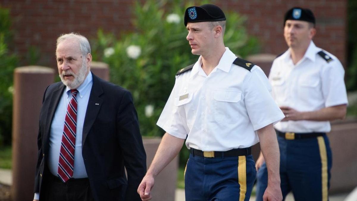 Sgt. Bowe Bergdahl, center, arrives with his civilian attorney, Eugene Fidell, and military attorney, Lt. Col. Franklin Rosenblatt, for a hearing last year at Fort Bragg, N.C.