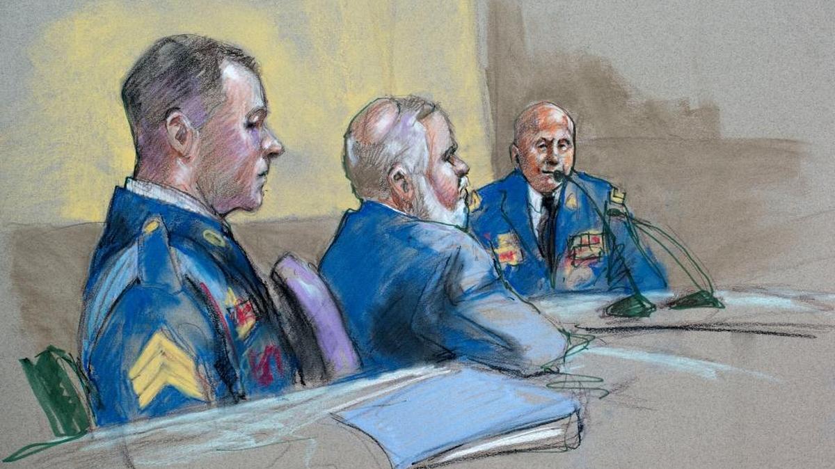 Army Sgt. Bowe Bergdahl, left, and defense lead counsel Eugene Fidell, center, look on as then-Maj. Gen. Kenneth Dahl is questioned during a Sept. 18, 2015 preliminary hearing to determine if Sgt. Bergdahl would be court-martialed.