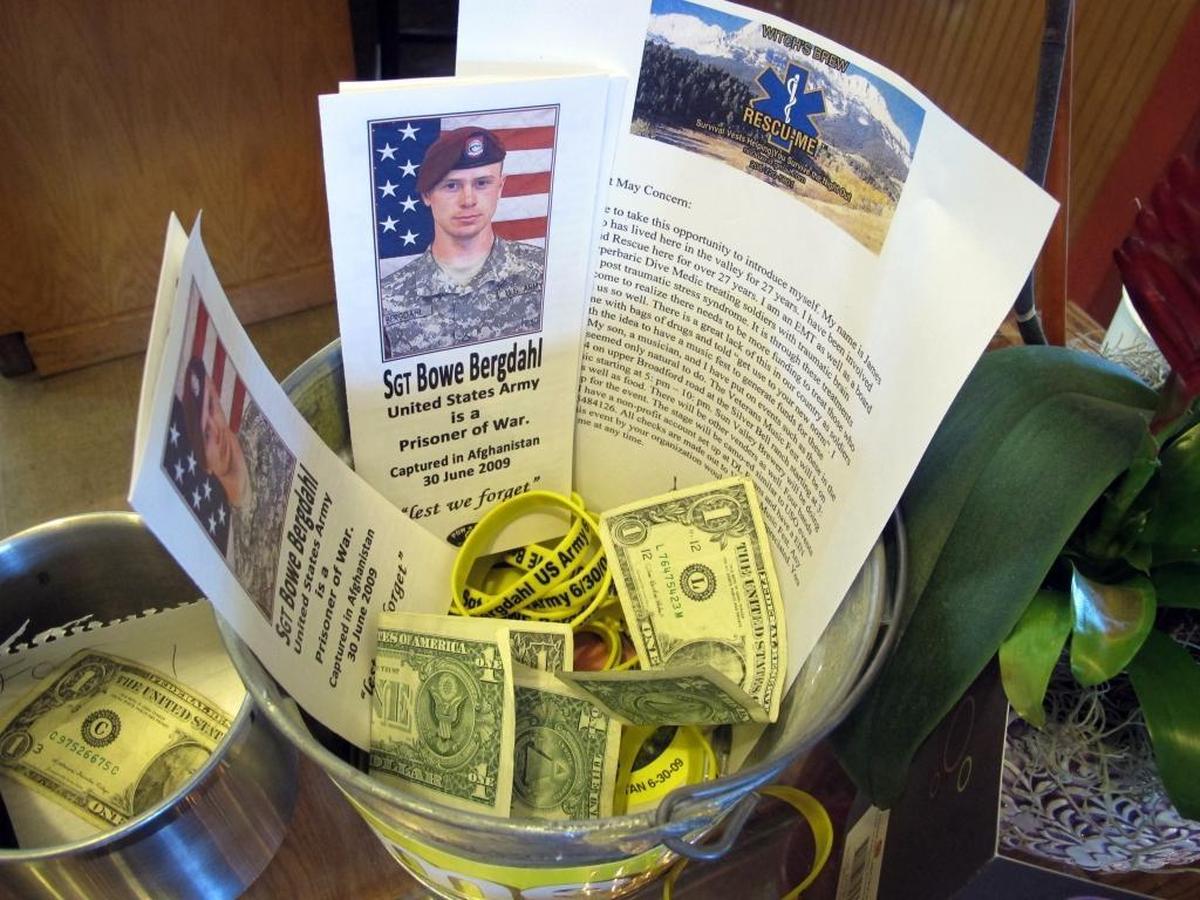 A donation bucket for the family of Bowe Bergdahl sits on the counter in Zaney's Coffee Shop in downtown Hailey in June 2014. Bergdahl had been released a month earlier in a prisoner swap with the Taliban.