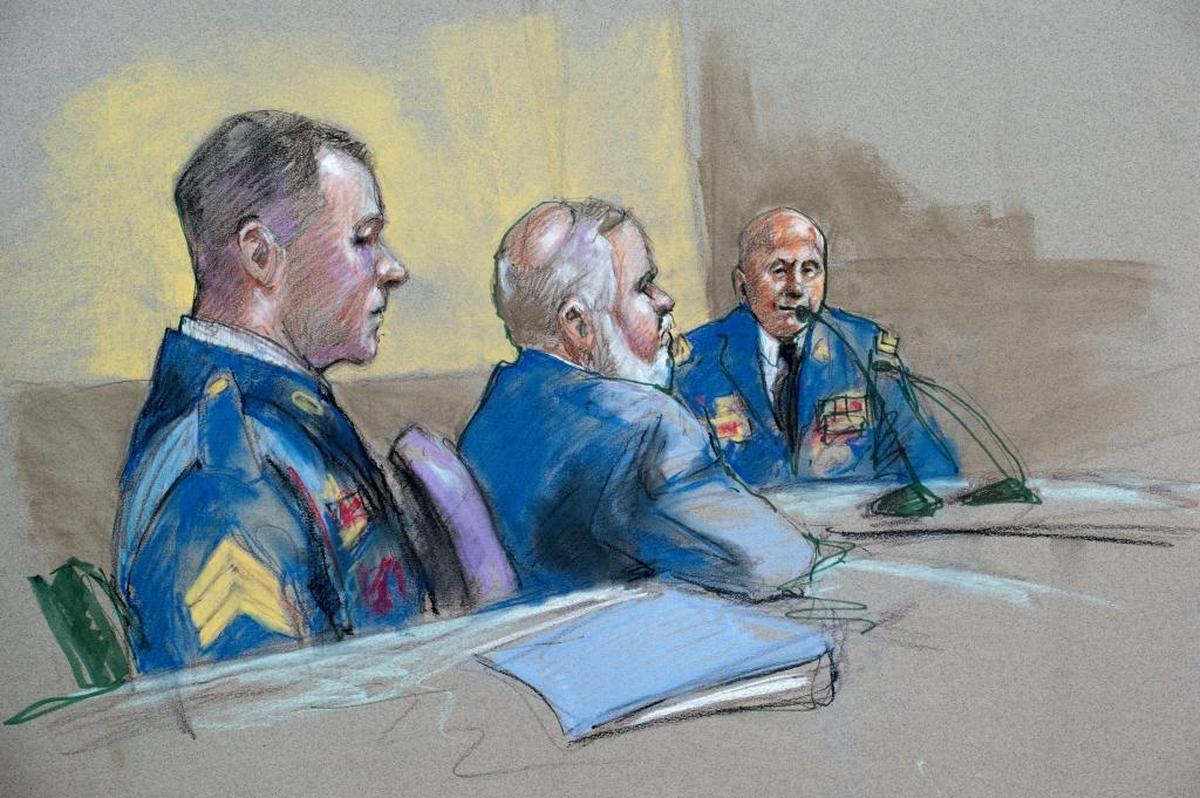 Army Sgt. Bowe Bergdahl, left, and defense attorney Eugene Fidell, center, look on as Maj. Gen. Kenneth Dahl is questioned during a hearing last September. “Serial” joined other media in describing how an initial proposal to treat Bergdahl more gently morphed into harsher charges by the Army and a full court-martial.