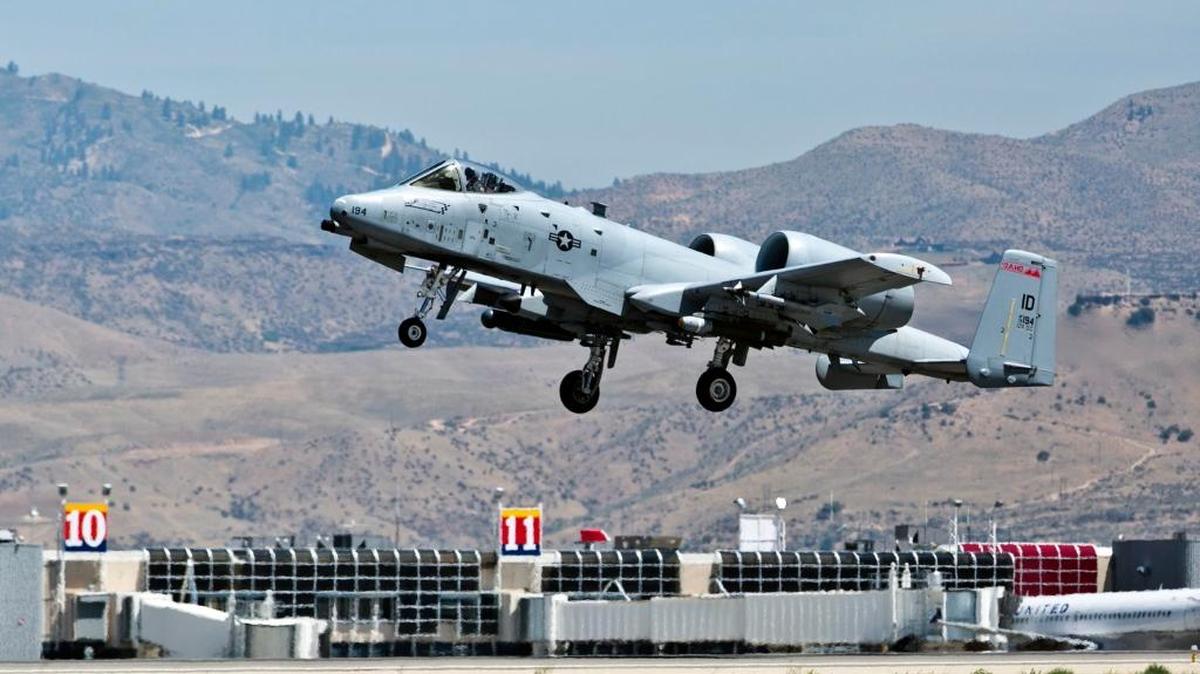 An A-10 Thunderbolt II with the Idaho Air National Guard's 190th Fighter Squadron lifts off from Gowen Field in July 2013, on the final day of an urban air support training over Boise.