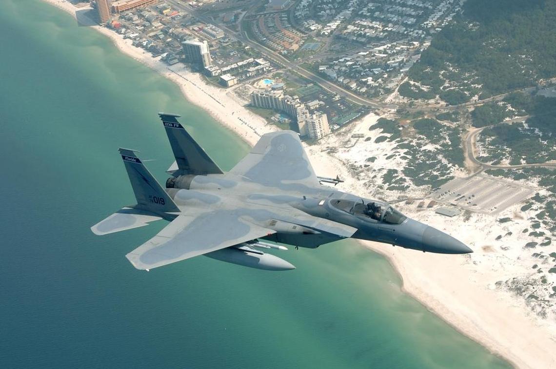 An F-15 of the Florida Air National Guard’s 125th Fighter Wing crosses Pannama City Beach on approch to Tyndall Air Force Base after a mission over the Gulf of Mexico.
