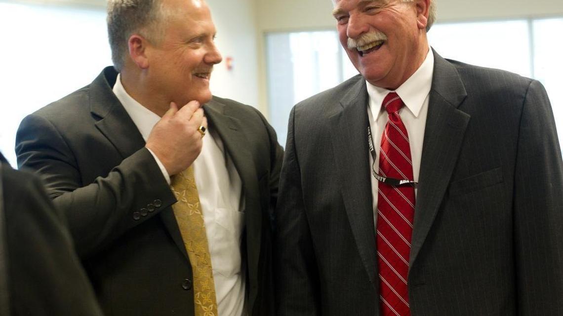 Ada County Commissioners Dave Case, left, and Jim Tibbs at their swearing-in ceremony on Jan. 14, 2013, at the Ada County Courthouse.