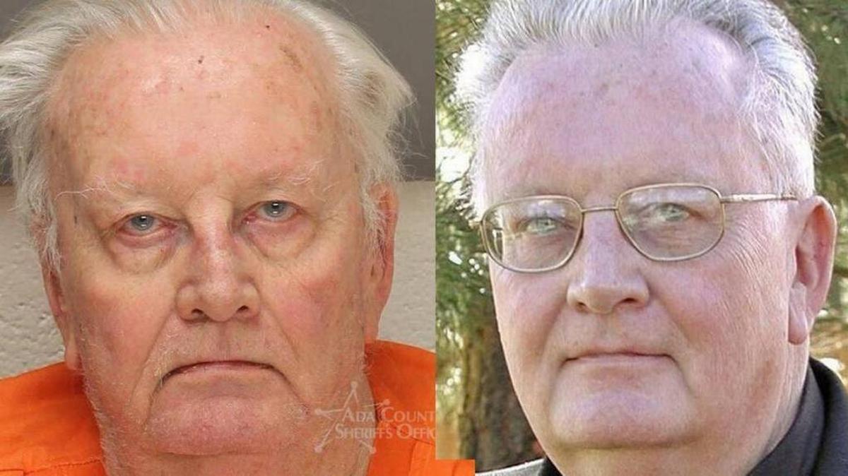 W. Thomas Faucher’s Ada County arrest photo, left, and official church photo.