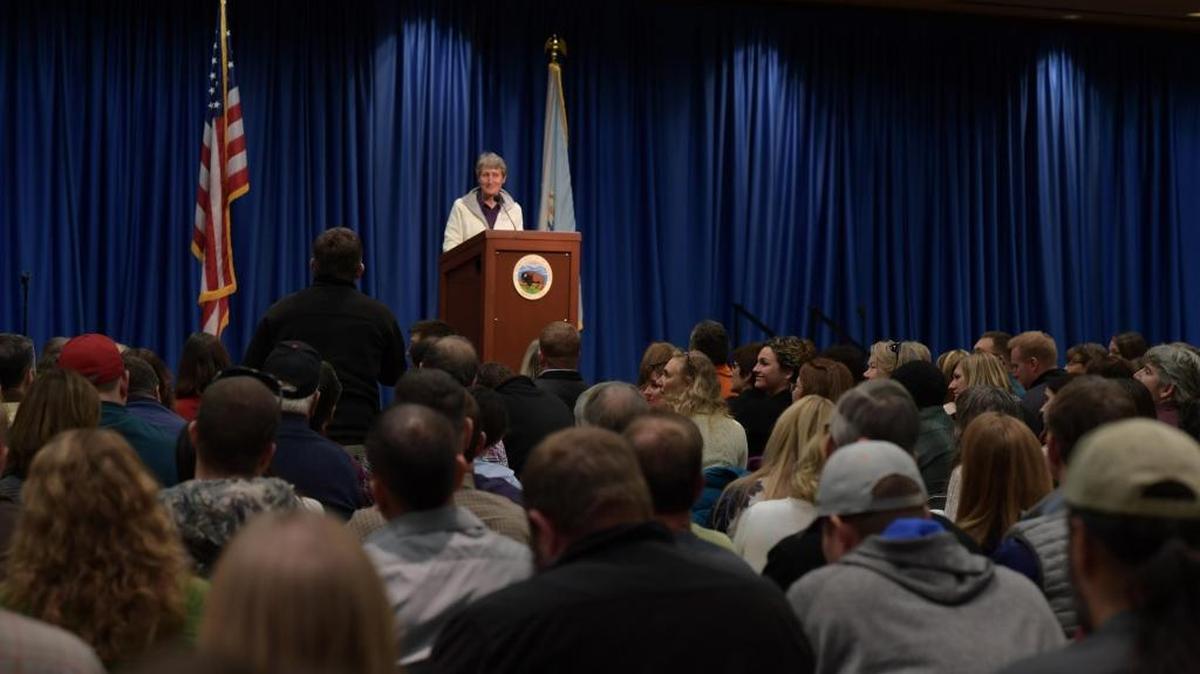 Interior Secretary Sally Jewell answers questions at a meeting with federal employees at Boise State University Tuesday.