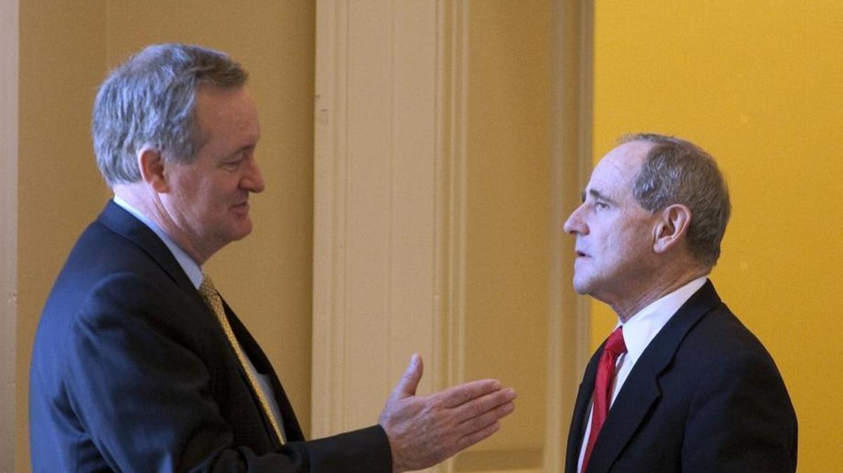 Idaho Sens. Mike Crapo (left) and Jim Risch, near the Senate floor on Capitol Hill in Washington, D.C.